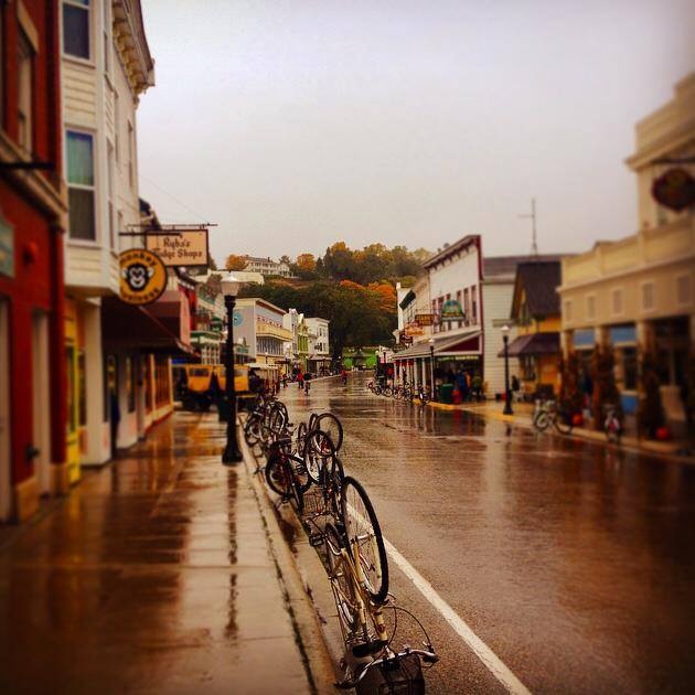 Rainy streets and parked bikes . . . a cold and wet day on the island.  (Photo: Doud's Market)